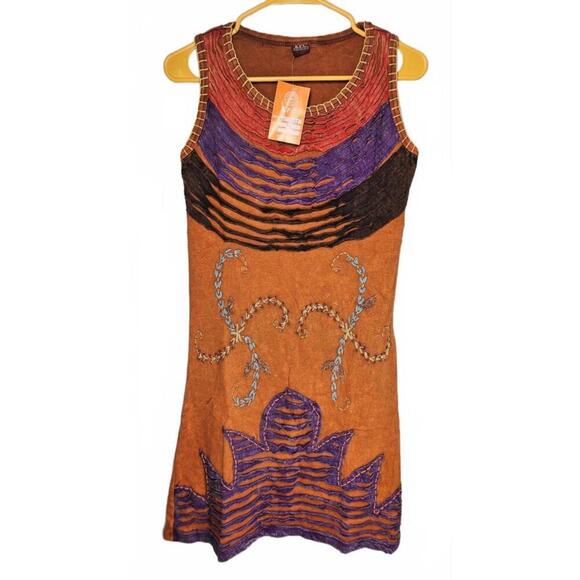 K.P.C. Handmade Bohemian Embroidered Stonewashed Brown/Orange Dress XL - Picture 1 of 9